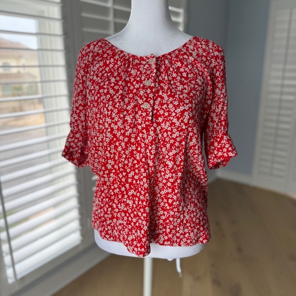 J Crew Red Floral Short Sleeve Blouse Size Small - Picture 4 of 9